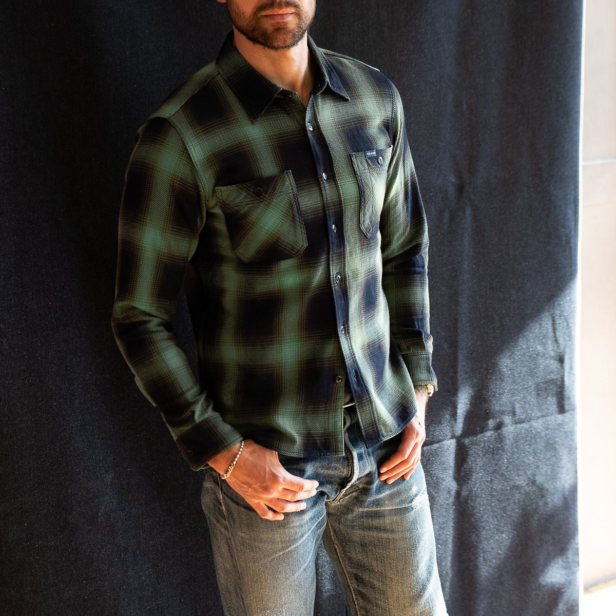 Iron Heart 9oz Selvedge Ombré Check Work Shirt - Green